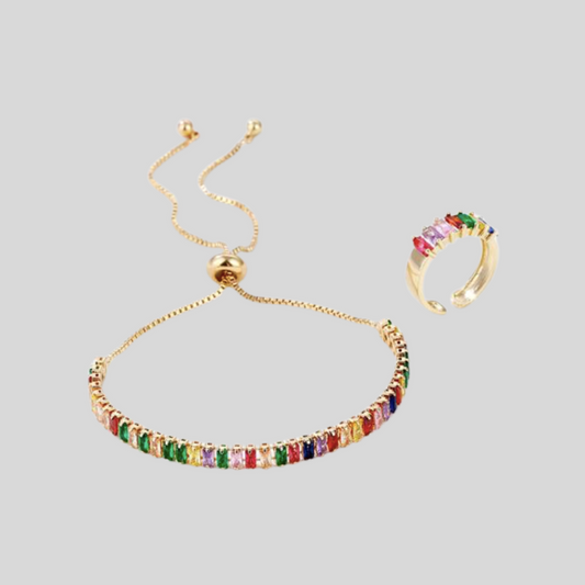 Rhinestone Bracelet and Ring Set MULTICOLOURED