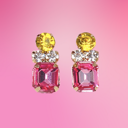 Petite Pink and Yellow Rhinestone Earrings