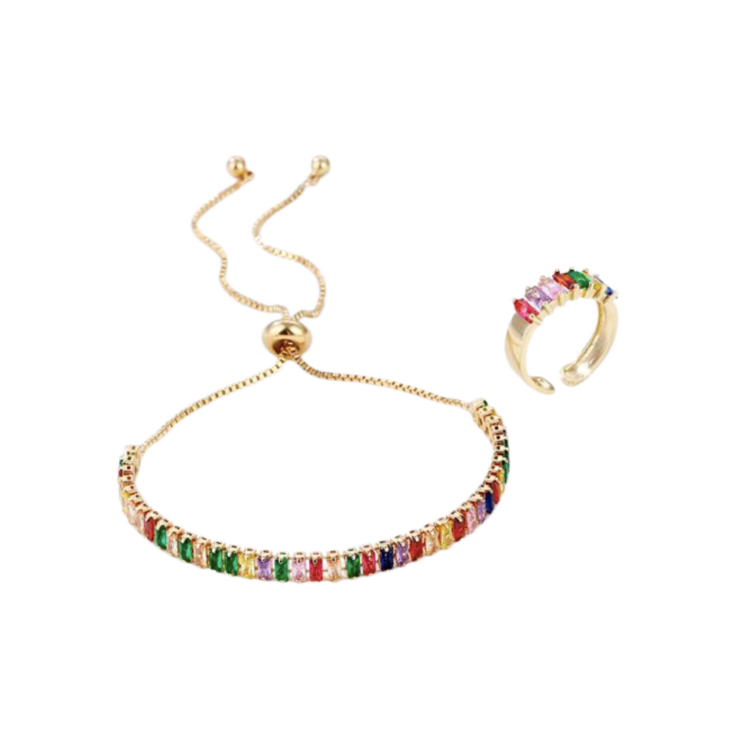 Rhinestone Bracelet and Ring Set MULTICOLOURED